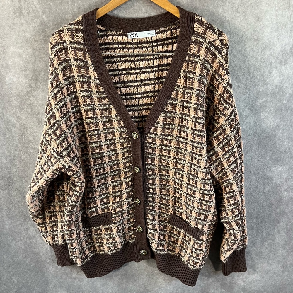 Zara Womens Cardigan Woven Textured Knit Long Sleeve Sweater w/Pockets Sz Medium